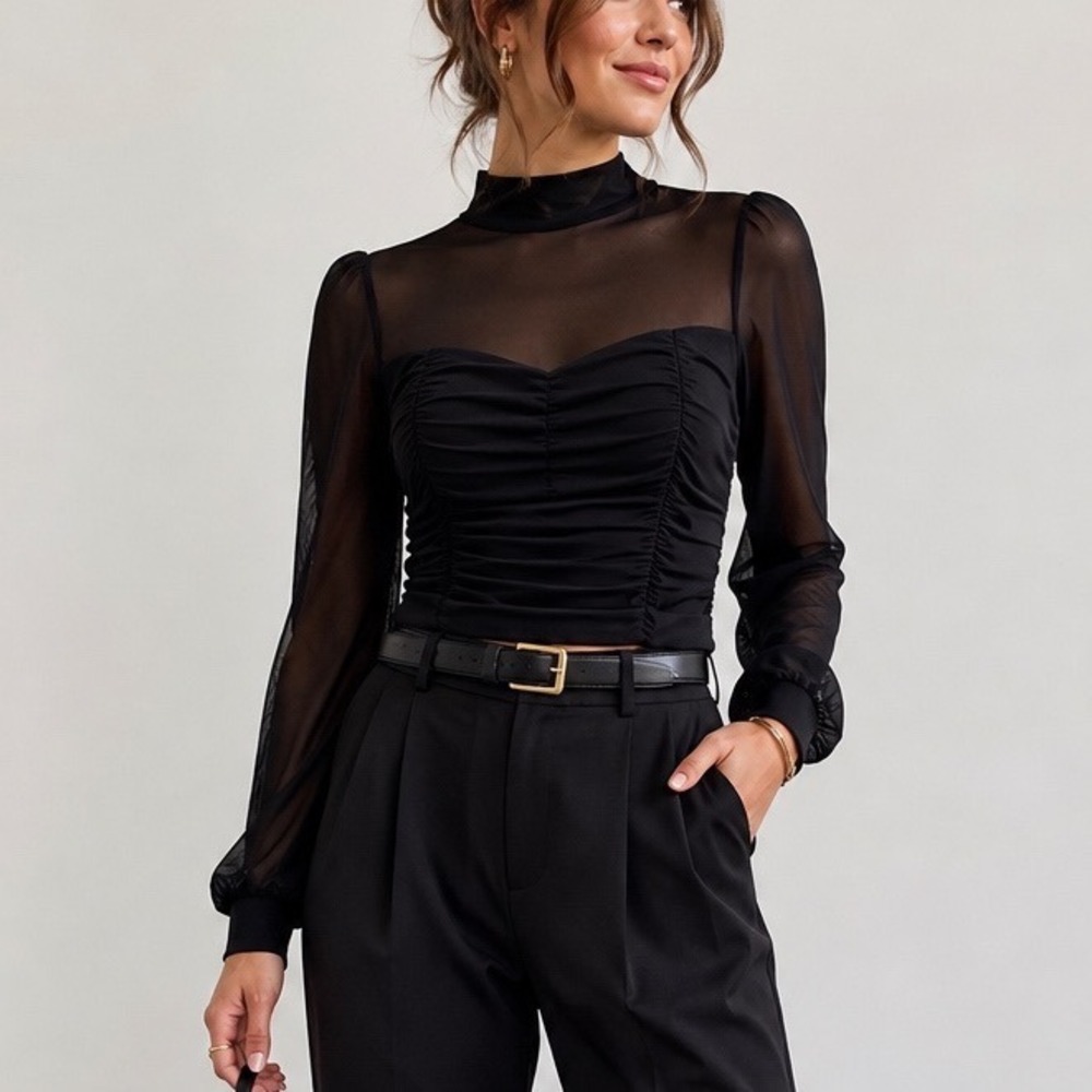Black Mesh Top L Sheer Ruched Blouse Whimsigoth Grunge Indie Sleaze Witchy Y2K